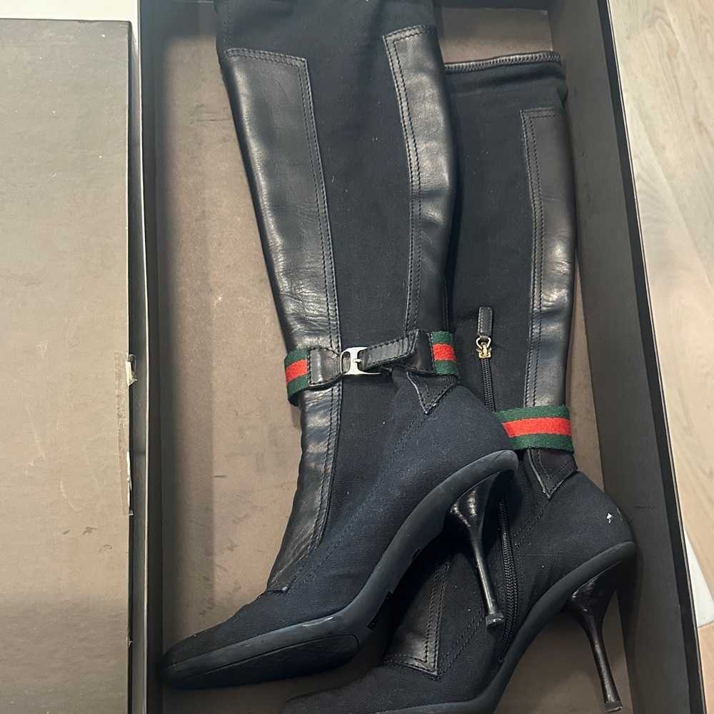 Gucci Black Heeled Boots with Red and Green Accents